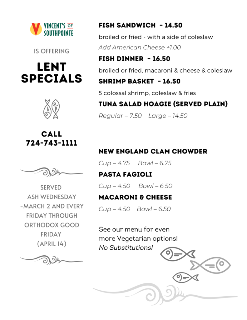 Vincent's of Southepointe Lent Specials 2023
